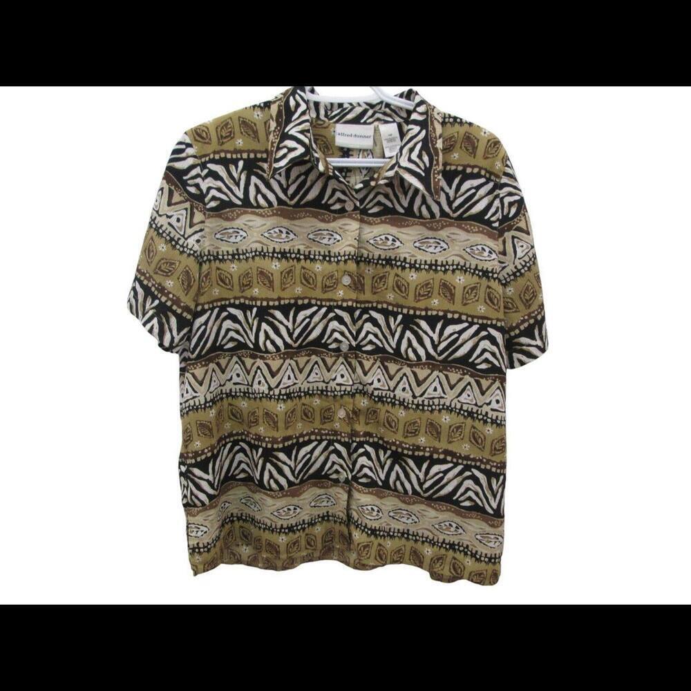 Alfred Dunner Petite Womens Short Sleeve Brown Safari Print Button Up Blouse 14P